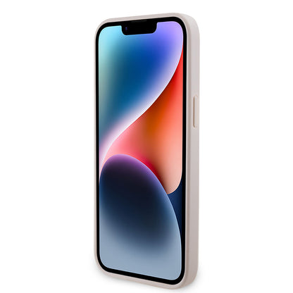 Apple iPhone 14 Pro Max Kılıf Guess Orjinal Lisanslı PU Deri Taşlı Metal Üçgen Logolu Çapraz Vücut Askılı 4G Desenli Kapak Pembe