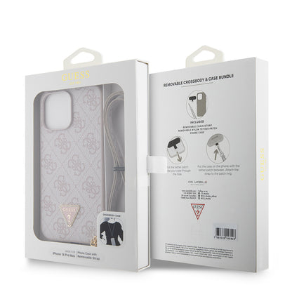 Apple iPhone 14 Pro Max Kılıf Guess Orjinal Lisanslı PU Deri Taşlı Metal Üçgen Logolu Çapraz Vücut Askılı 4G Desenli Kapak Siyah