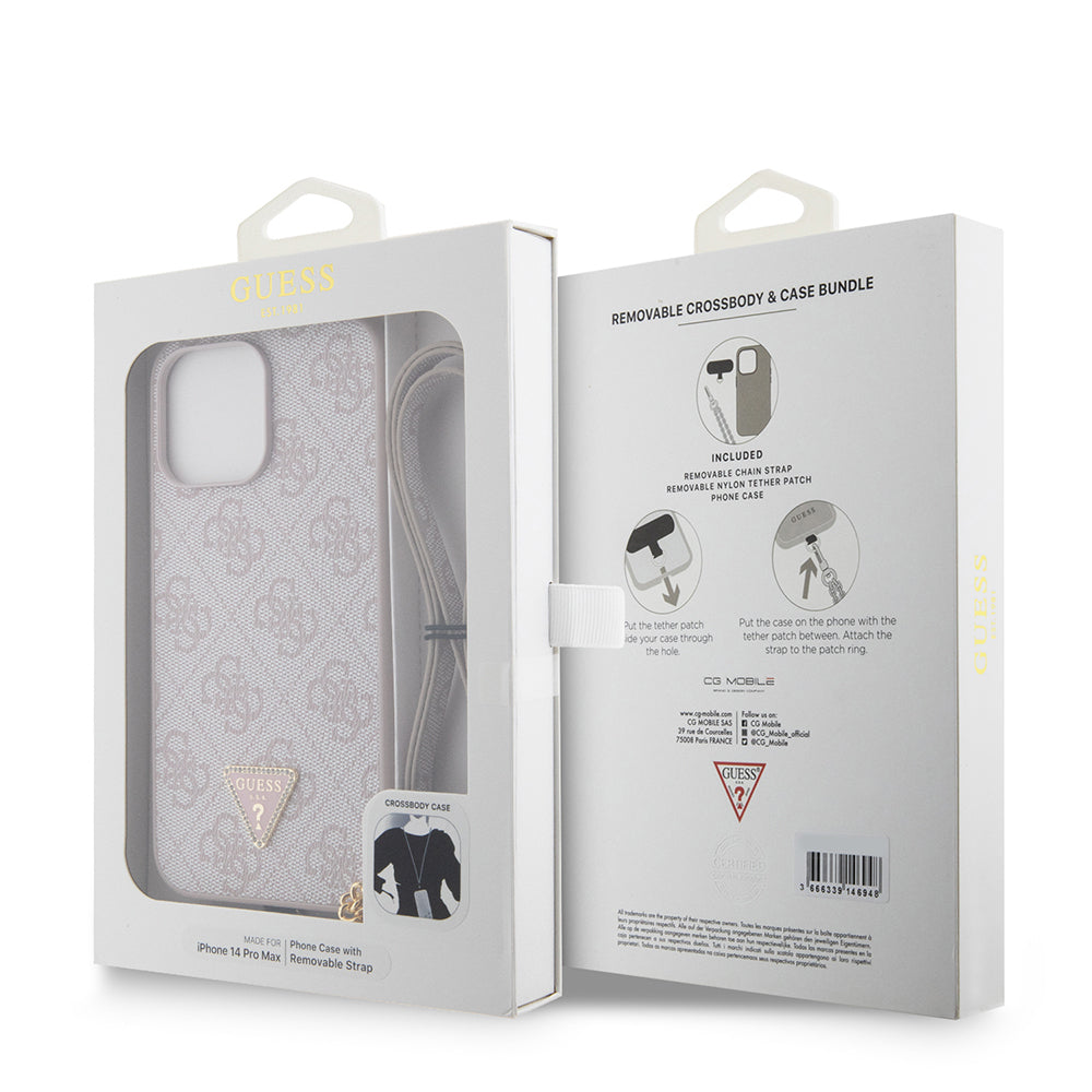 Apple iPhone 14 Pro Max Kılıf Guess Orjinal Lisanslı PU Deri Taşlı Metal Üçgen Logolu Çapraz Vücut Askılı 4G Desenli Kapak Pembe