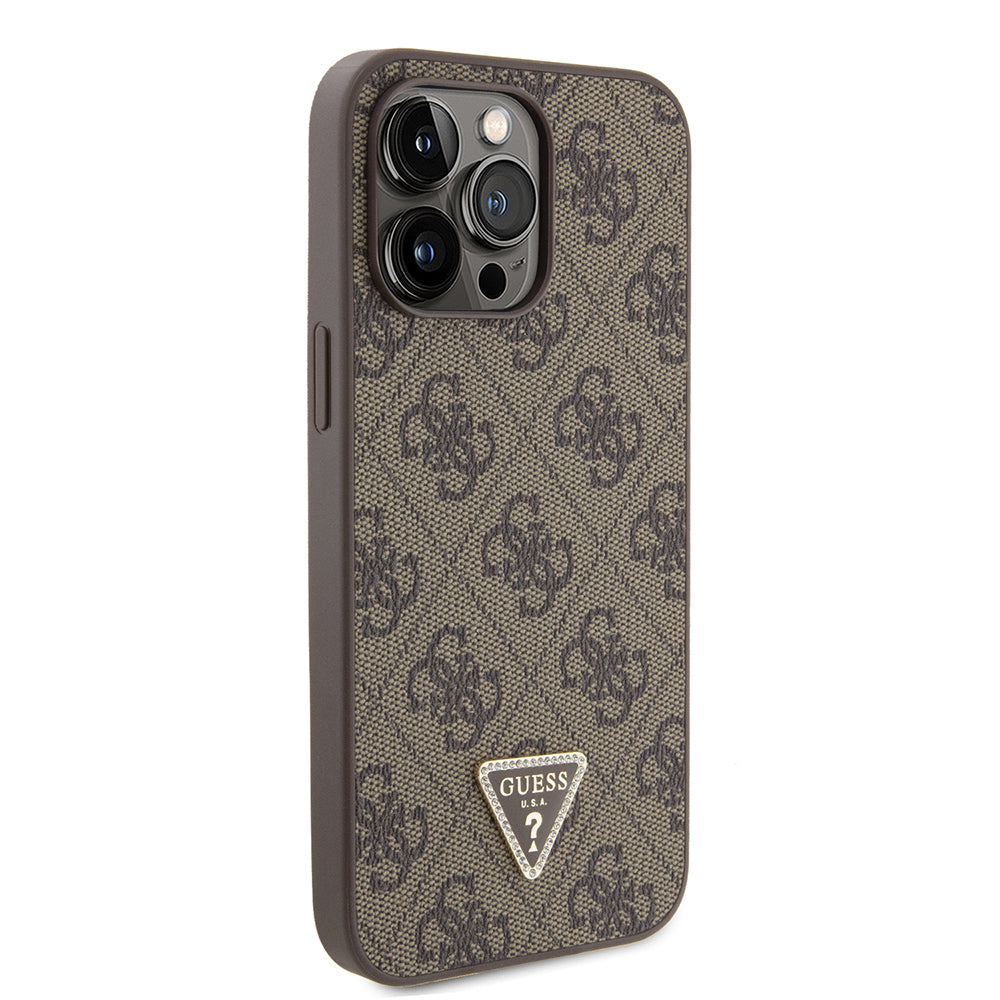 Apple iPhone 14 Pro Max Kılıf Guess Orjinal Lisanslı PU Deri Taşlı Metal Üçgen Logolu Çapraz Vücut Askılı 4G Desenli Kapak Siyah