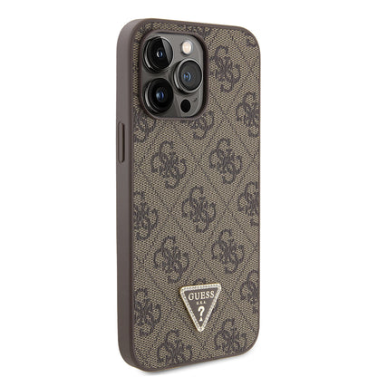 Apple iPhone 14 Pro Max Kılıf Guess Orjinal Lisanslı PU Deri Taşlı Metal Üçgen Logolu Çapraz Vücut Askılı 4G Desenli Kapak Siyah