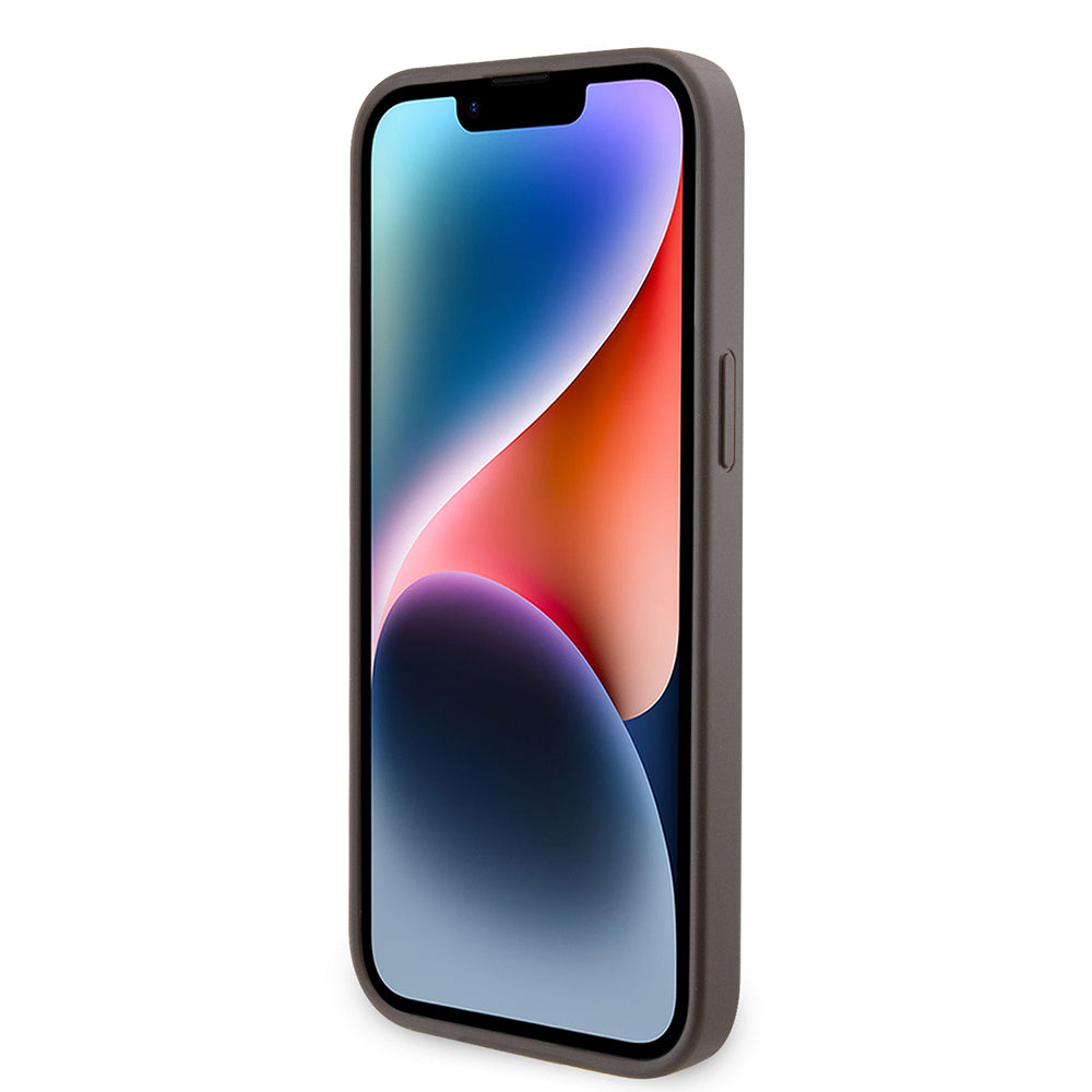 Apple iPhone 14 Pro Max Kılıf Guess Orjinal Lisanslı PU Deri Taşlı Metal Üçgen Logolu Çapraz Vücut Askılı 4G Desenli Kapak Siyah