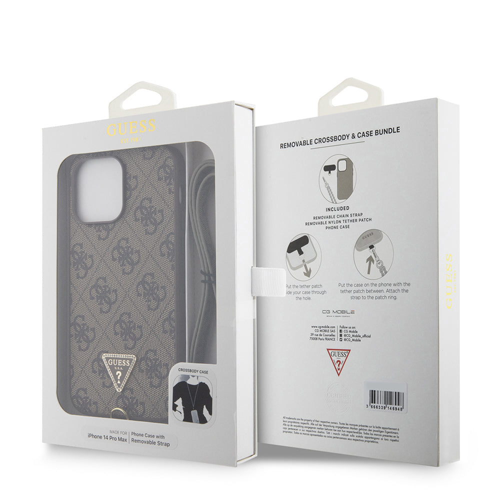 Apple iPhone 14 Pro Max Kılıf Guess Orjinal Lisanslı PU Deri Taşlı Metal Üçgen Logolu Çapraz Vücut Askılı 4G Desenli Kapak Siyah