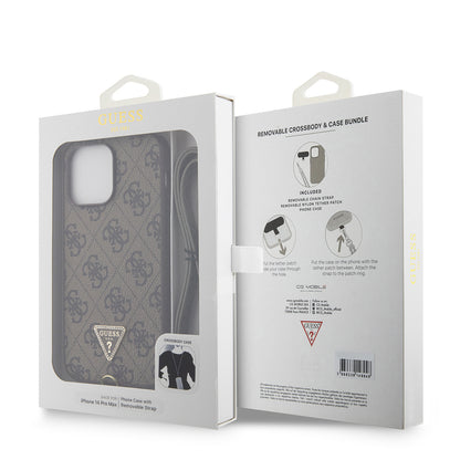 Apple iPhone 14 Pro Max Kılıf Guess Orjinal Lisanslı PU Deri Taşlı Metal Üçgen Logolu Çapraz Vücut Askılı 4G Desenli Kapak Pembe