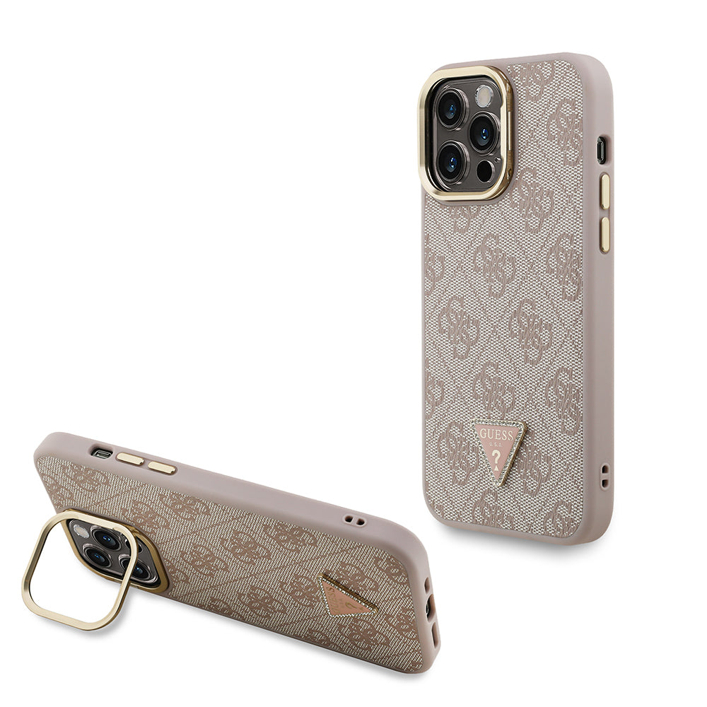 Apple iPhone 14 Pro Max Kılıf Guess Orjinal Lisanslı PU Deri Taşlı Üçgen Logo 4G Desenli Kamera Standlı Kapak Pembe