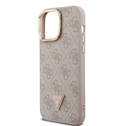 Apple iPhone 14 Pro Max Kılıf Guess Orjinal Lisanslı PU Deri Taşlı Üçgen Logo 4G Desenli Kamera Standlı Kapak Pembe