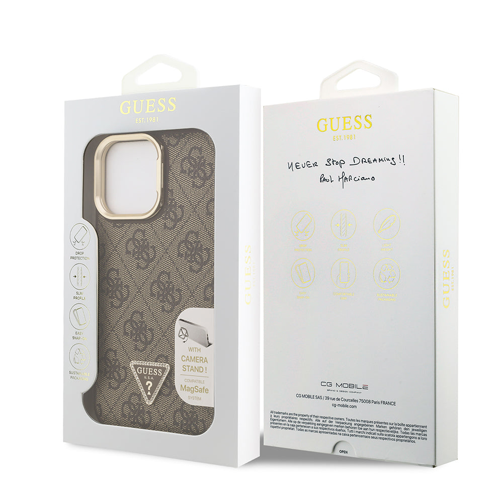 Apple iPhone 14 Pro Max Kılıf Guess Orjinal Lisanslı PU Deri Taşlı Üçgen Logo 4G Desenli Kamera Standlı Kapak Pembe