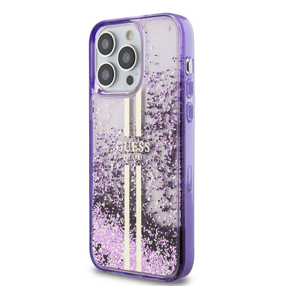 Apple iPhone 14 Pro Max Kılıf Guess Orjinal Lisanslı Transparan Sıvılı Simli Altın Çizgili Kapak Pembe