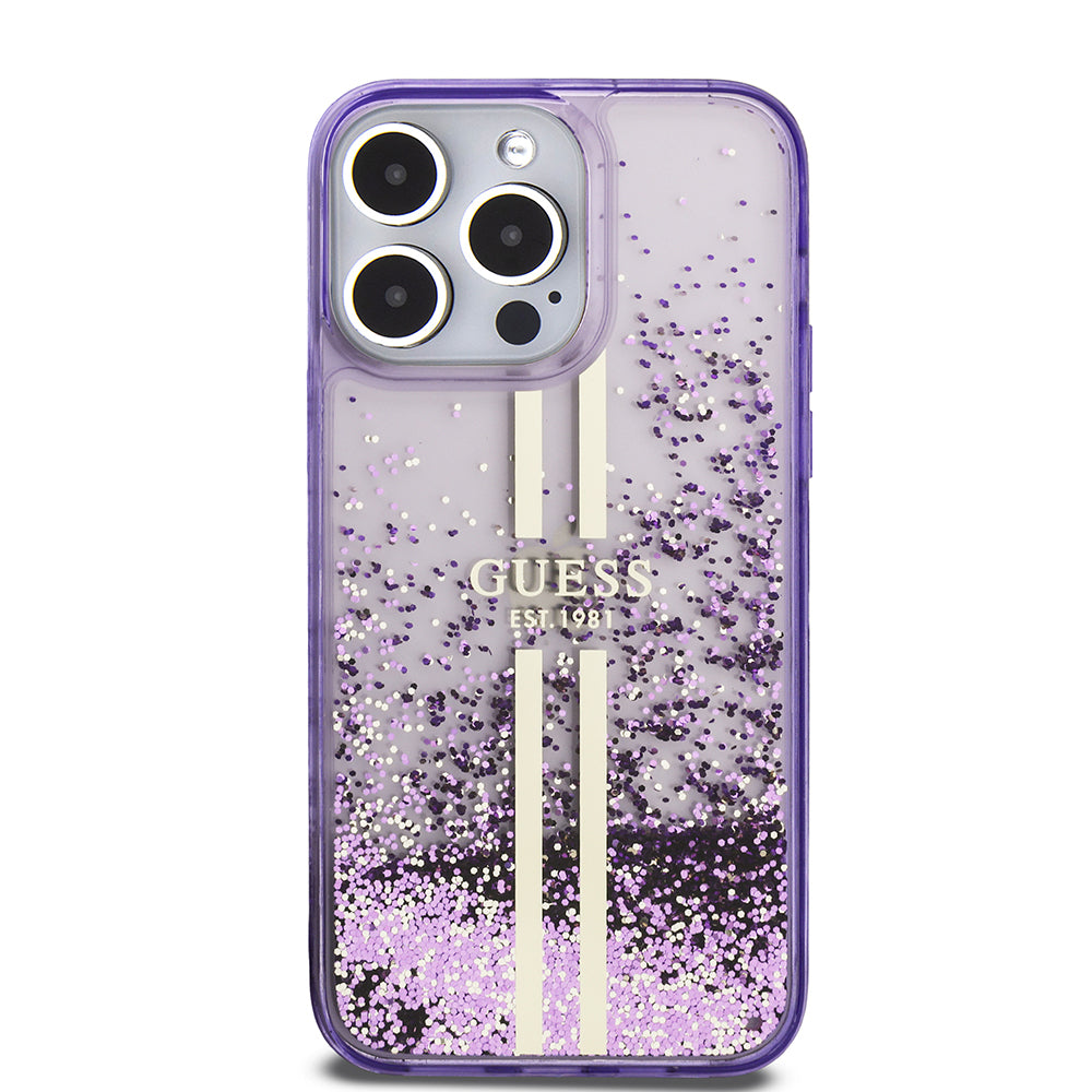 Apple iPhone 14 Pro Max Kılıf Guess Orjinal Lisanslı Transparan Sıvılı Simli Altın Çizgili Kapak Mor