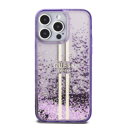 Apple iPhone 14 Pro Max Kılıf Guess Orjinal Lisanslı Transparan Sıvılı Simli Altın Çizgili Kapak Pembe