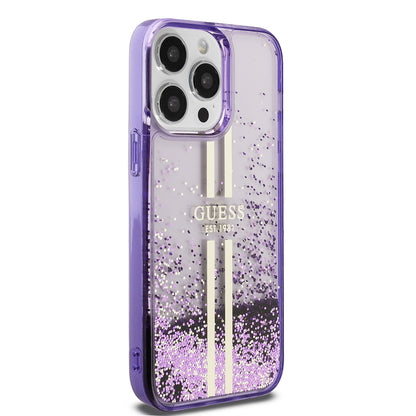 Apple iPhone 14 Pro Max Kılıf Guess Orjinal Lisanslı Transparan Sıvılı Simli Altın Çizgili Kapak Pembe