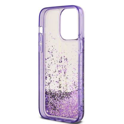 Apple iPhone 14 Pro Max Kılıf Guess Orjinal Lisanslı Transparan Sıvılı Simli Altın Çizgili Kapak Mor