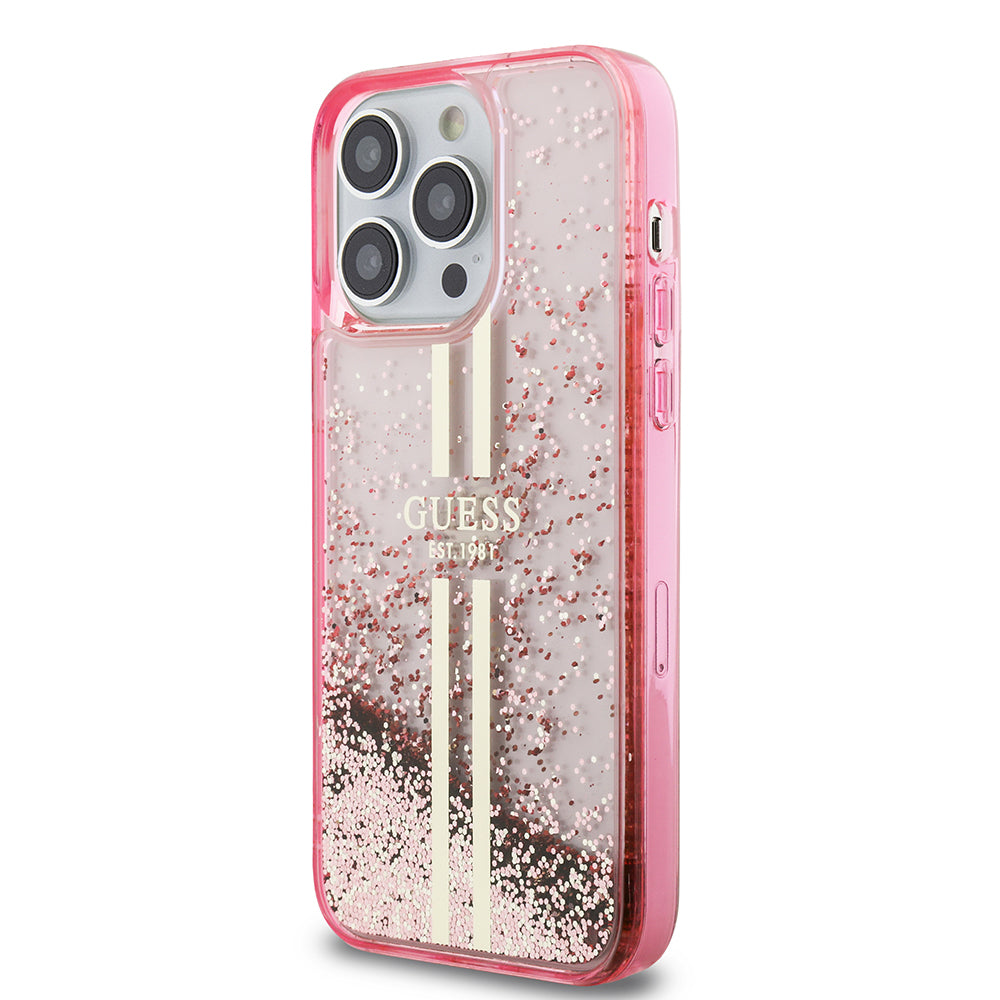 Apple iPhone 14 Pro Max Kılıf Guess Orjinal Lisanslı Transparan Sıvılı Simli Altın Çizgili Kapak Pembe