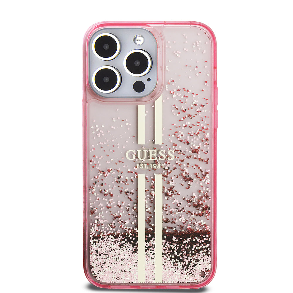 Apple iPhone 14 Pro Max Kılıf Guess Orjinal Lisanslı Transparan Sıvılı Simli Altın Çizgili Kapak Pembe