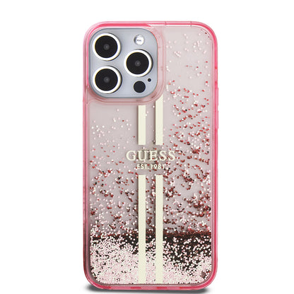 Apple iPhone 14 Pro Max Kılıf Guess Orjinal Lisanslı Transparan Sıvılı Simli Altın Çizgili Kapak Pembe