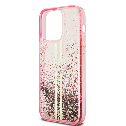 Apple iPhone 14 Pro Max Kılıf Guess Orjinal Lisanslı Transparan Sıvılı Simli Altın Çizgili Kapak Mor