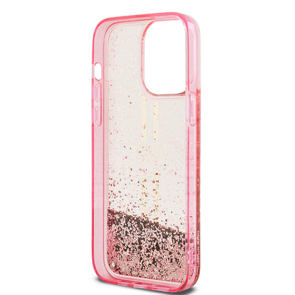 Apple iPhone 14 Pro Max Kılıf Guess Orjinal Lisanslı Transparan Sıvılı Simli Altın Çizgili Kapak Mor