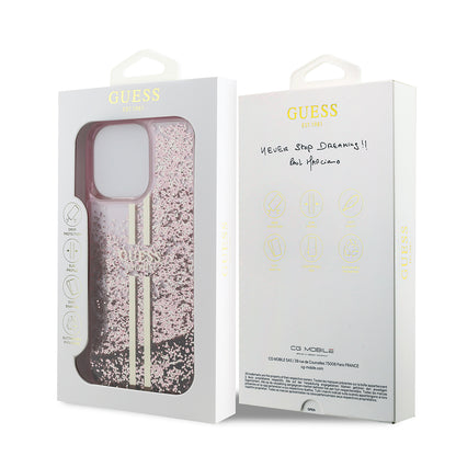 Apple iPhone 14 Pro Max Kılıf Guess Orjinal Lisanslı Transparan Sıvılı Simli Altın Çizgili Kapak Mor