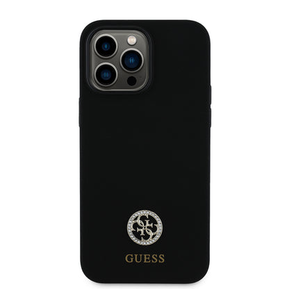 Apple iPhone 14 Pro Max Kılıf Guess Orjinal Lisanslı Yazı ve Taşlı 4G Logolu Silikon Kapak Siyah