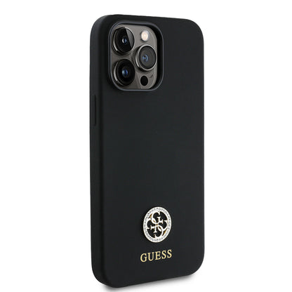 Apple iPhone 14 Pro Max Kılıf Guess Orjinal Lisanslı Yazı ve Taşlı 4G Logolu Silikon Kapak Siyah