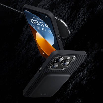 Apple iPhone 14 Pro Max Kılıf Karbon Fiber M-safe Şarj Özellikli Benks Hybrid ArmorPro 600D Kevlar Kapak Siyah