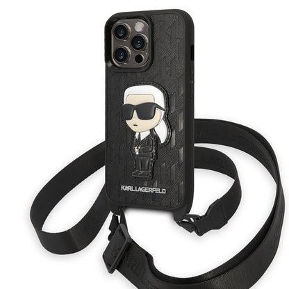 Apple iPhone 14 Pro Max Kılıf Karl Lagerfeld Boyun Askılı Karl Dizayn Kapak Siyah