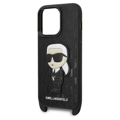 Apple iPhone 14 Pro Max Kılıf Karl Lagerfeld Boyun Askılı Karl Dizayn Kapak Siyah