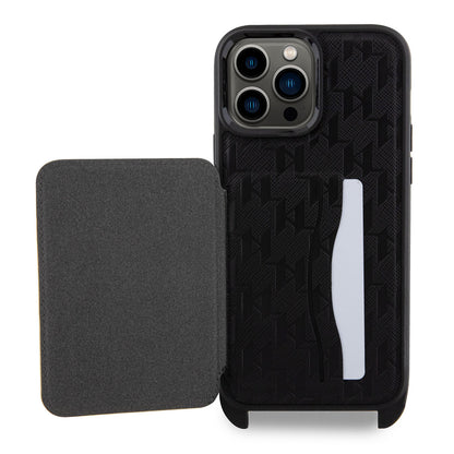 Apple iPhone 14 Pro Max Kılıf Karl Lagerfeld Boyun Askılı Kartlıklı Choupette Dizayn Kapak Siyah