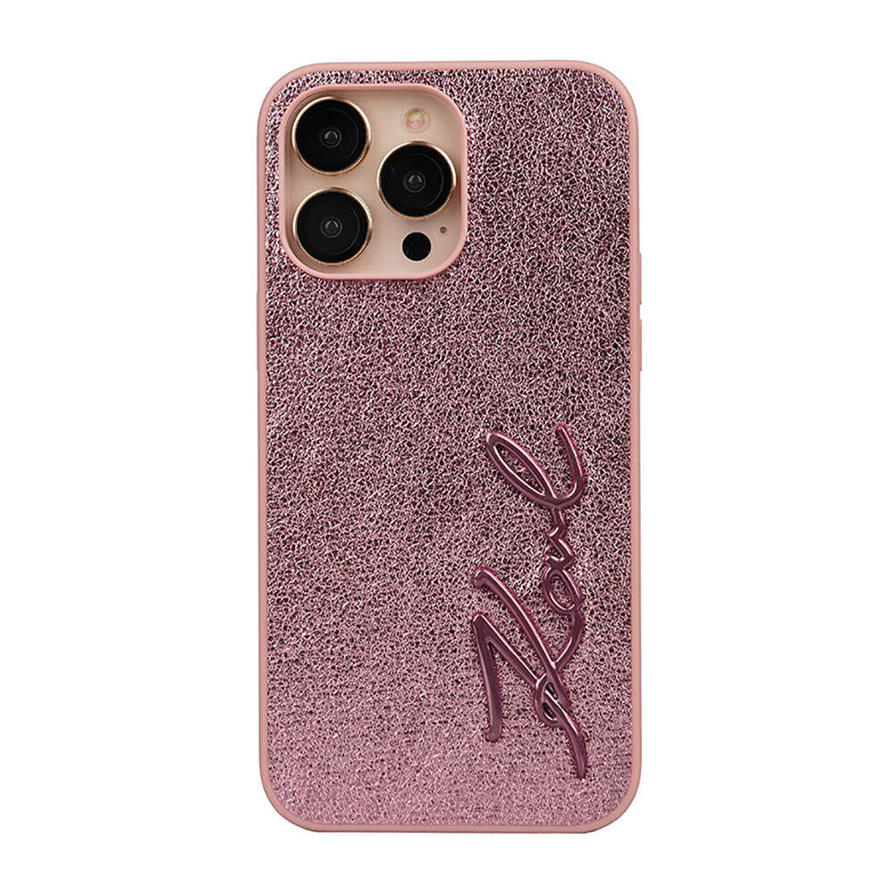Apple iPhone 14 Pro Max Kılıf Karl Lagerfeld Orjinal Lisanslı 3D KL Yazılı Tüylü Arka Yüzey Saffiano Rhinestones Kapak Pembe