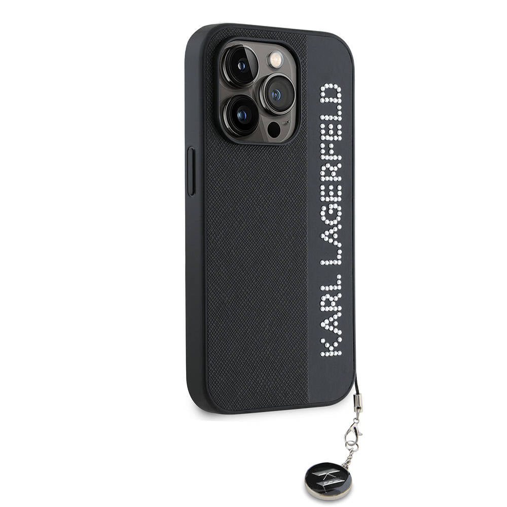Apple iPhone 14 Pro Max Kılıf Karl Lagerfeld Orjinal Lisanslı Anahtarlıklı Taşlı KL Yazılı Saffiano Rhinestones Kapak Siyah