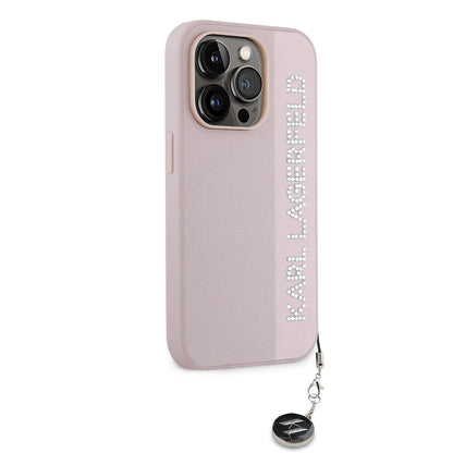 Apple iPhone 14 Pro Max Kılıf Karl Lagerfeld Orjinal Lisanslı Anahtarlıklı Taşlı KL Yazılı Saffiano Rhinestones Kapak Pembe