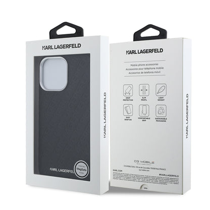 Apple iPhone 14 Pro Max Kılıf Karl Lagerfeld Orjinal Lisanslı PU Deri Damgalı Metal Yazı Logolu Kapak Siyah