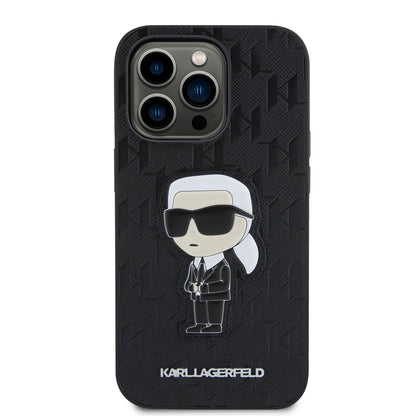 Apple iPhone 14 Pro Max Kılıf Karl Lagerfeld Saffiano Deri Karl Dizayn Kapak Siyah
