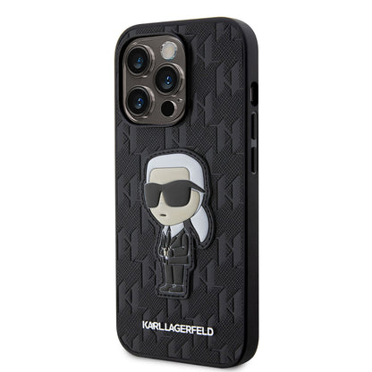 Apple iPhone 14 Pro Max Kılıf Karl Lagerfeld Saffiano Deri Karl Dizayn Kapak Siyah