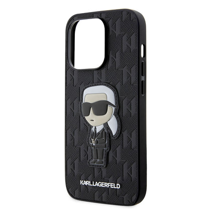 Apple iPhone 14 Pro Max Kılıf Karl Lagerfeld Saffiano Deri Karl Dizayn Kapak Siyah