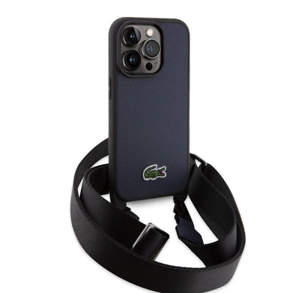 Apple iPhone 14 Pro Max Kılıf Lacoste Orjinal Lisanslı PU Pike Desenli Arka Yüzey Askılı İkonik Timsah Dokuma Logolu Kapak Lacivert
