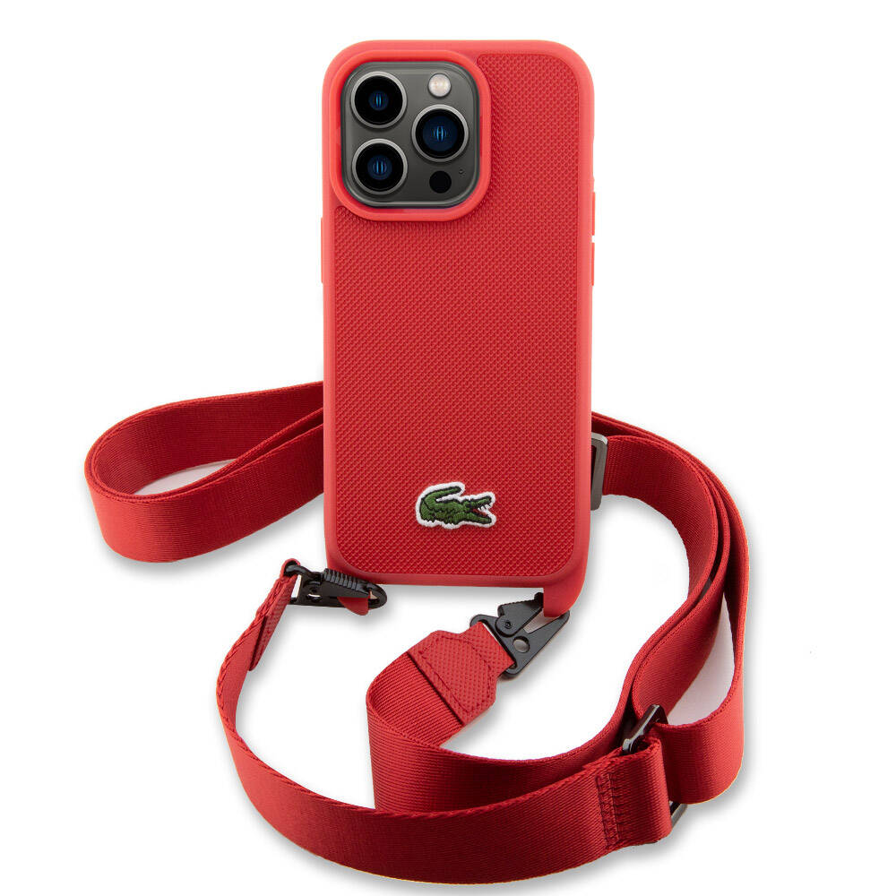 Apple iPhone 14 Pro Max Kılıf Lacoste Orjinal Lisanslı PU Pike Desenli Arka Yüzey Askılı İkonik Timsah Dokuma Logolu Kapak Kırmızı