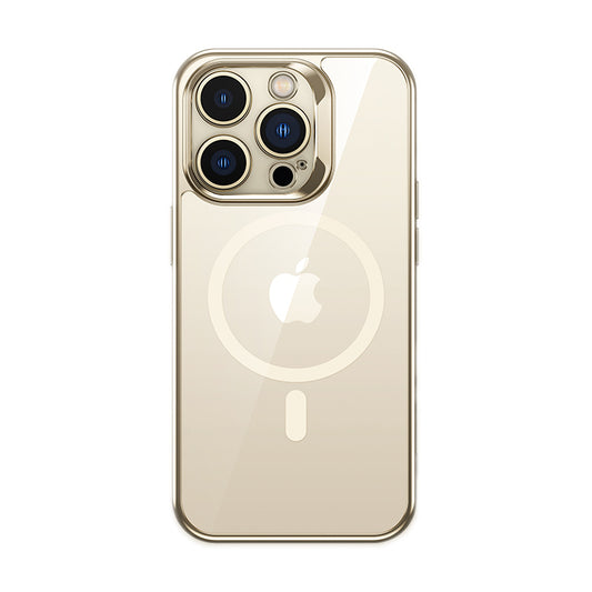 Apple iPhone 14 Pro Max Kılıf M-safe Şarj Özellikli Cam Yüzey Ekran Koruyuculu Benks Electroplated Kapak Gold