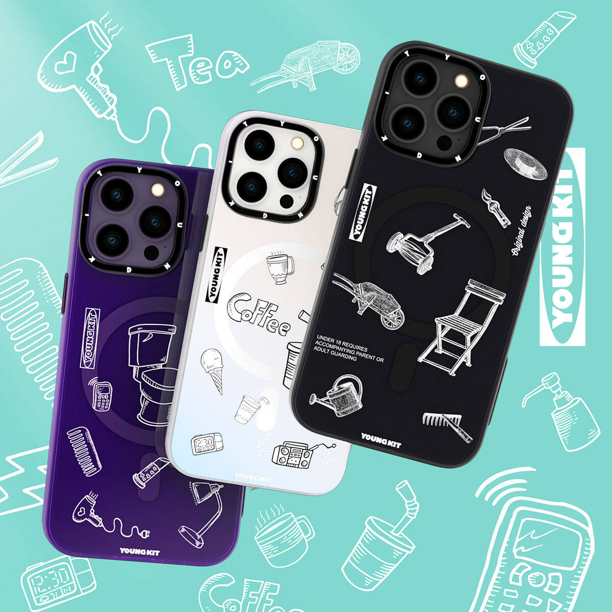 Apple iPhone 14 Pro Max Kılıf M-safe Şarj Özellikli Desenli Youngkit Plaything Serisi Kapak Siyah