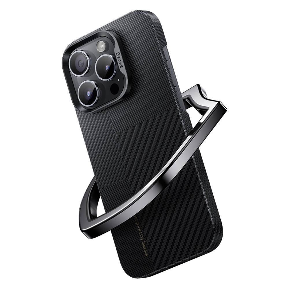 Apple iPhone 14 Pro Max Kılıf M-safe Şarj Özellikli Karbon Fiber Benks Montage ArmorAir Kevlar Kapak Siyah