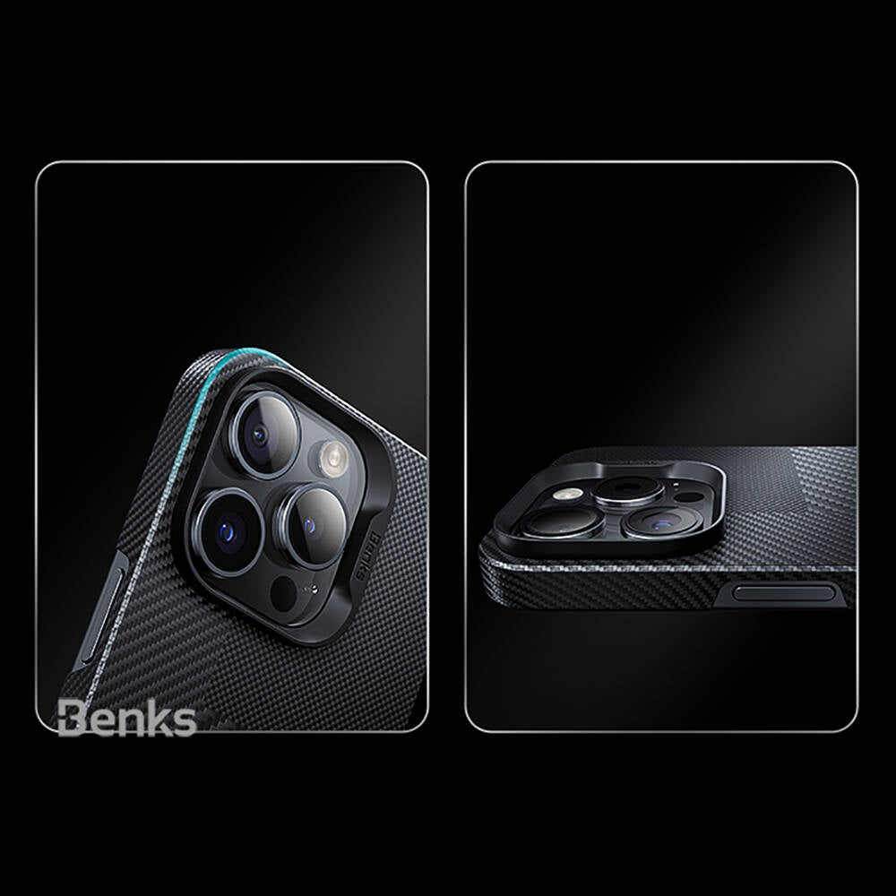 Apple iPhone 14 Pro Max Kılıf M-safe Şarj Özellikli Karbon Fiber Benks Montage ArmorAir Kevlar Kapak Siyah