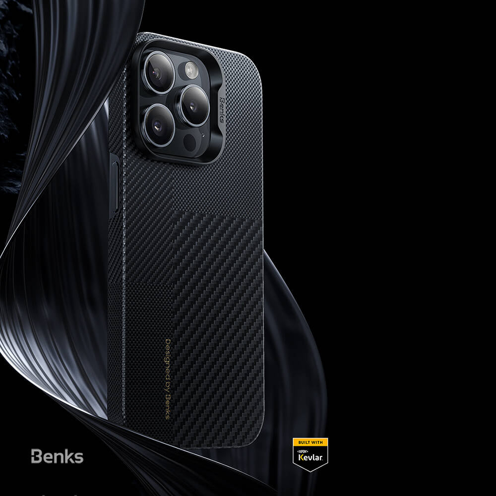 Apple iPhone 14 Pro Max Kılıf M-safe Şarj Özellikli Karbon Fiber Benks Montage ArmorAir Kevlar Kapak Siyah