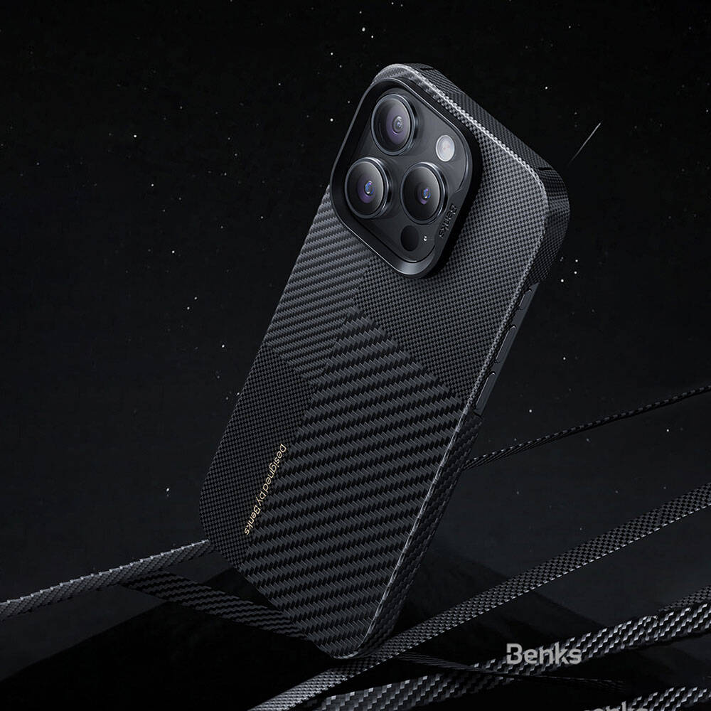 Apple iPhone 14 Pro Max Kılıf M-safe Şarj Özellikli Karbon Fiber Benks Montage ArmorAir Kevlar Kapak Siyah