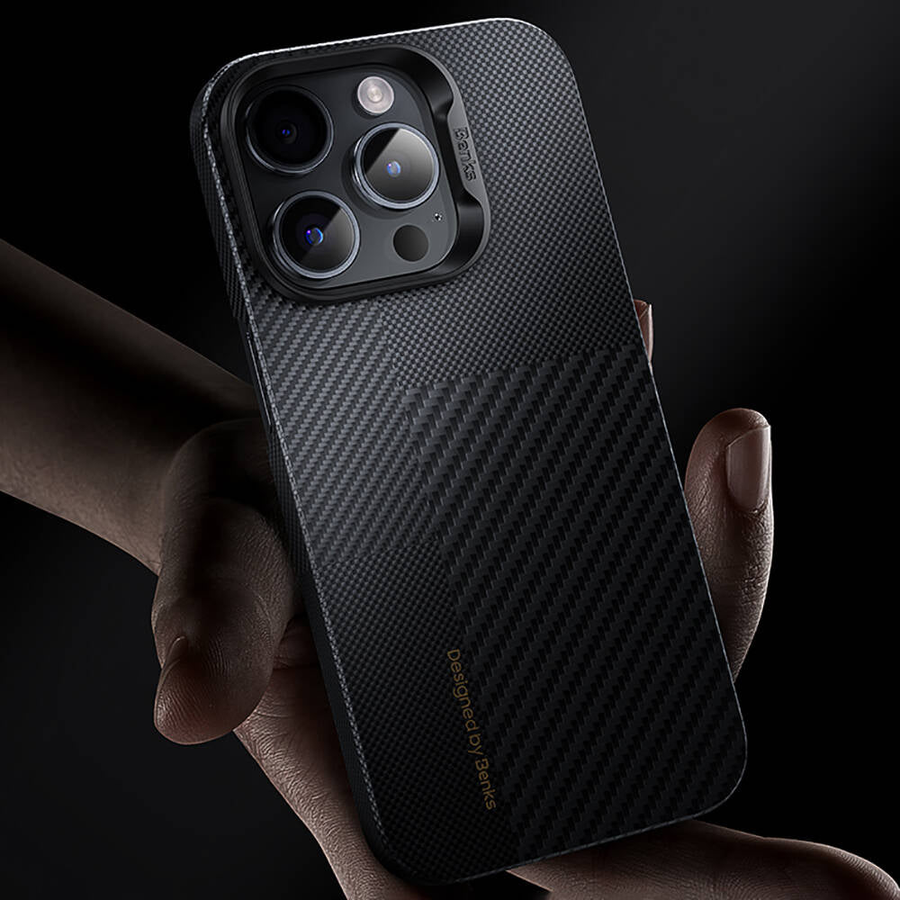 Apple iPhone 14 Pro Max Kılıf M-safe Şarj Özellikli Karbon Fiber Benks Montage ArmorAir Kevlar Kapak Siyah