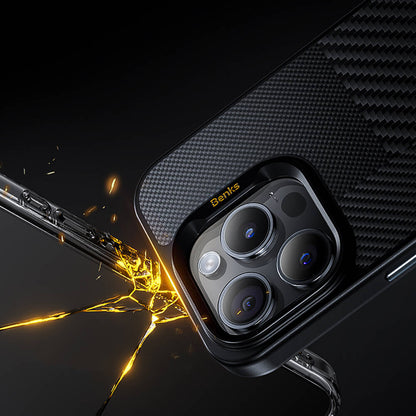 Apple iPhone 14 Pro Max Kılıf M-safe Şarj Özellikli Karbon Fiber Benks Montage Hybrid ArmorPro Kevlar Kapak Siyah