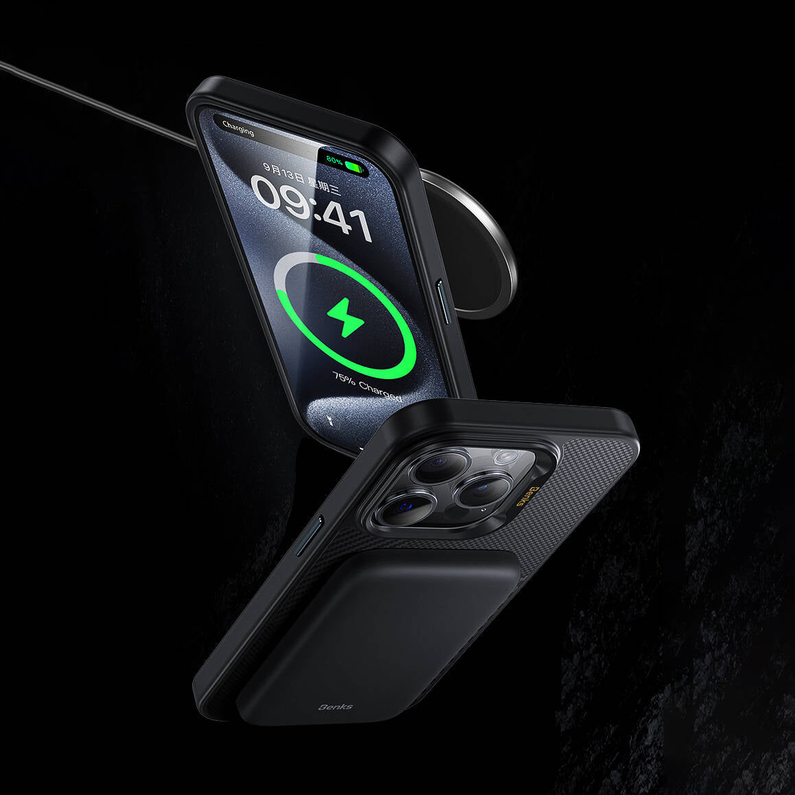 Apple iPhone 14 Pro Max Kılıf M-safe Şarj Özellikli Karbon Fiber Benks Montage Hybrid ArmorPro Kevlar Kapak Siyah