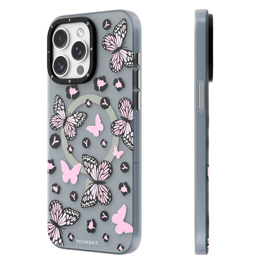 Apple iPhone 14 Pro Max Kılıf M-safe Şarj Özellikli Kelebek Desenli Youngkit Shadow Dance Serisi Kapak Pembe