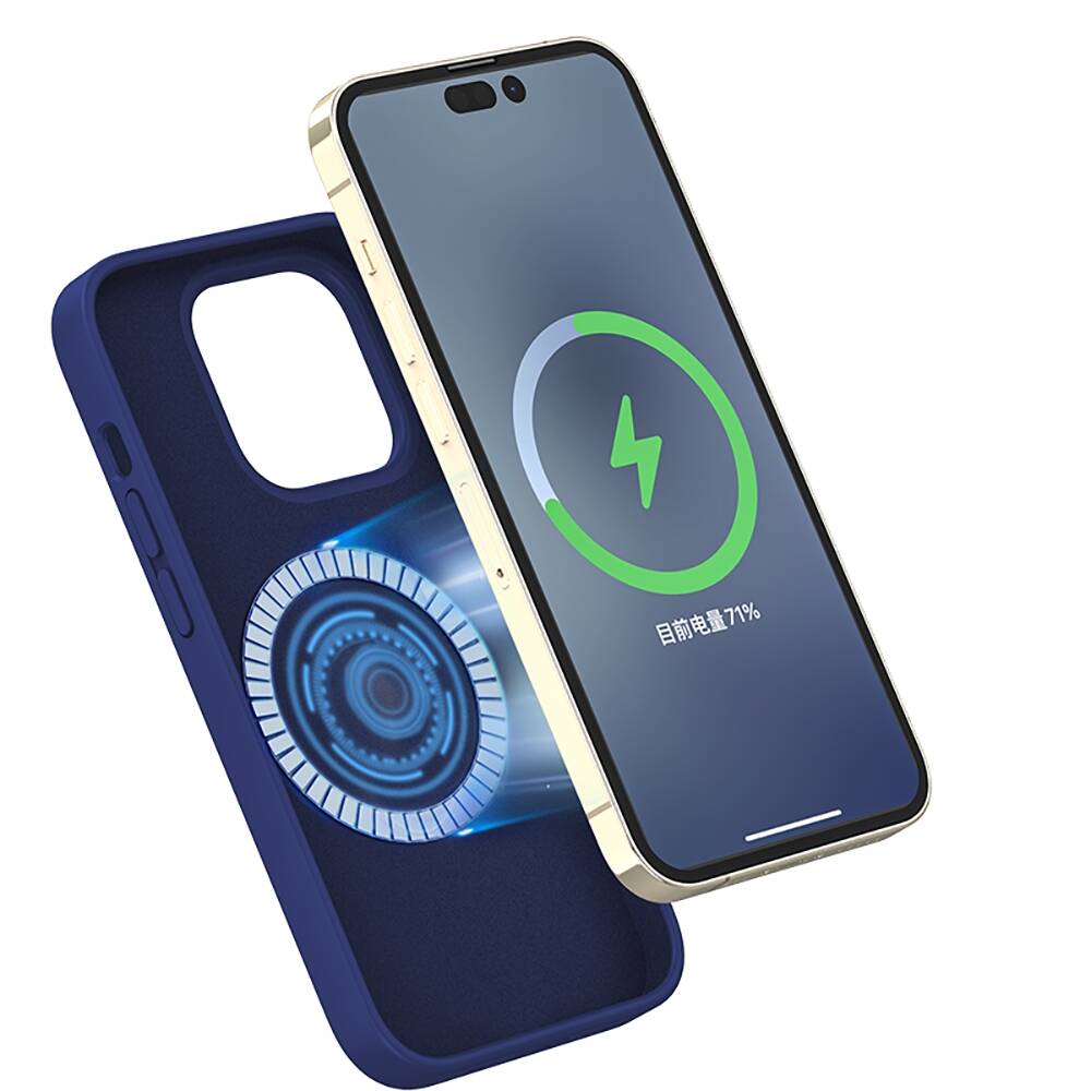 Apple iPhone 14 Pro Max Kılıf M-safe Şarj Özellikli Liquid Silikon Recci Mousse Serisi Kapak Mavi