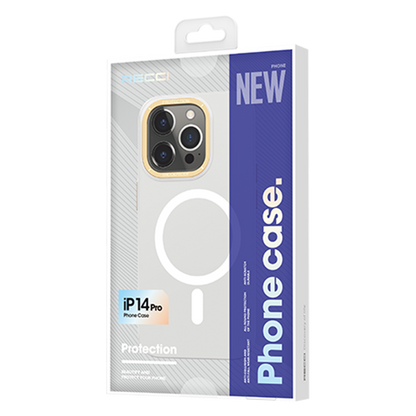 Apple iPhone 14 Pro Max Kılıf M-safe Şarj Özellikli Metal Kamera Çerçeveli Recci Glaze Serisi Kapak Beyaz