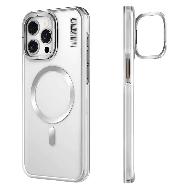 Apple iPhone 14 Pro Max Kılıf M-safe Şarj Özellikli Sararma Önleyici Youngkit Crystal Grid Kapak Gümüş